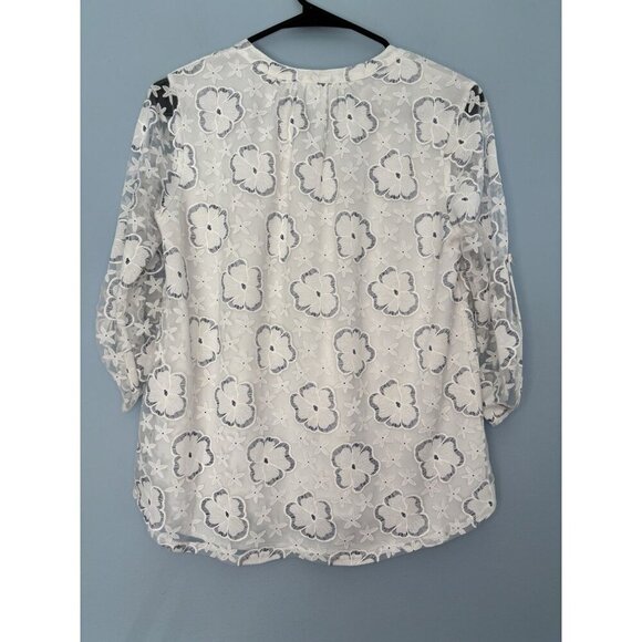 Siren Lily Floral Blouse Top Size Small Petite White Blue Cottage Flower - Picture 2 of 6